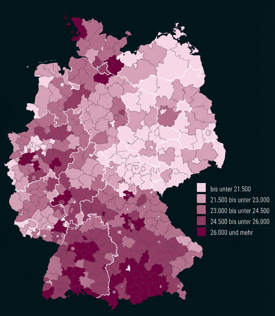 Deutschlandkarte in Rosa- und Violetttönen zeigt regionale Einkommensstufen mit Legende.